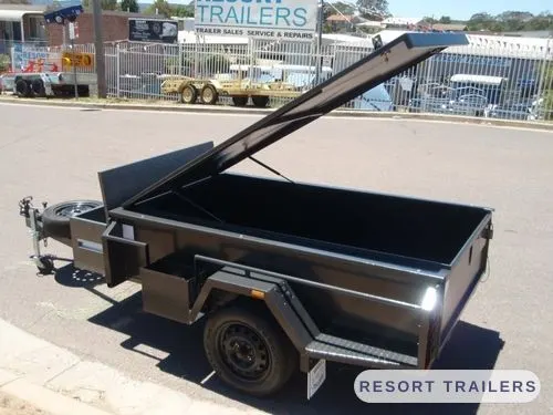 Custom black box trailer with a tilting lockable lid, built by Resort Trailers